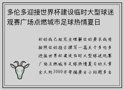 多伦多迎接世界杯建设临时大型球迷观赛广场点燃城市足球热情夏日